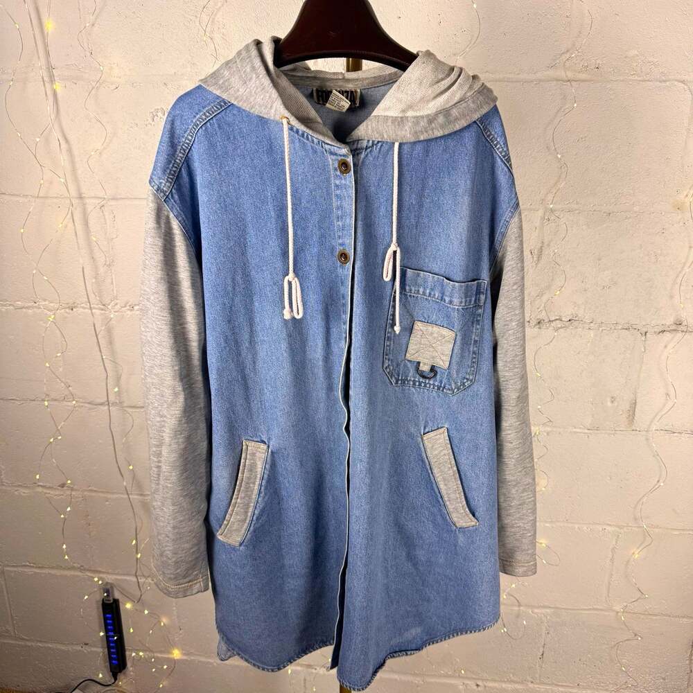 Forenza 1X Denim Hooded Jacket Blue Gray Cotton Oversized 90s Style Grunge